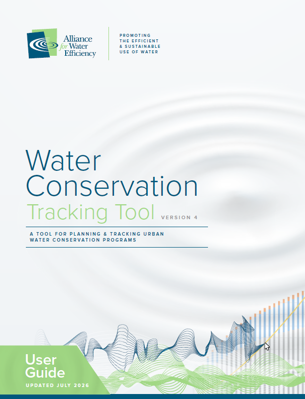 Cover of Water Conservation Tracking Tool User Guide, Version 4, with logos and abstract water swirls, and a green User Guide badge.