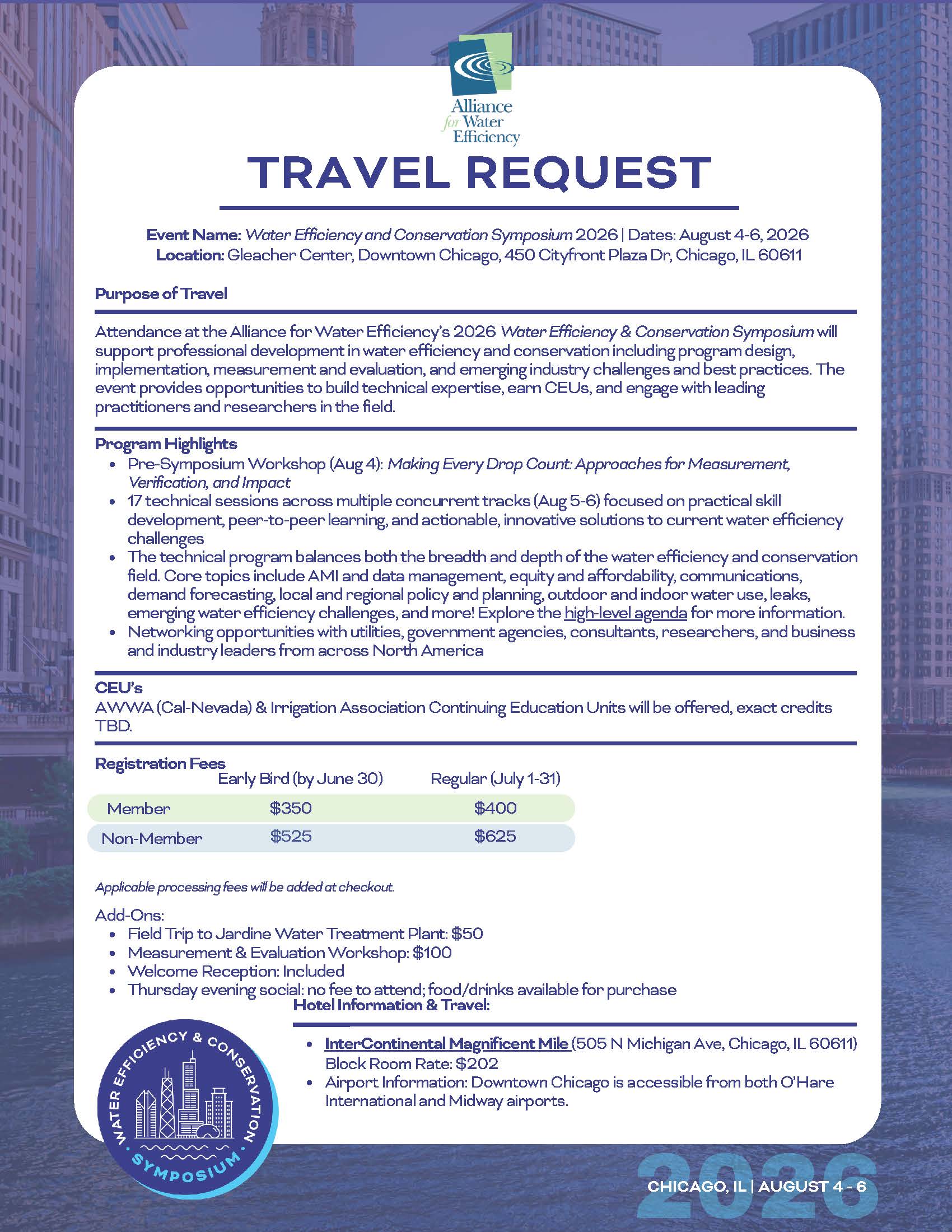 Travel request flyer for the Alliance for Water Efficiency’s 2026 symposium in Chicago, with event name, dates (Aug 4–6), location, and program highlights visible on the page.