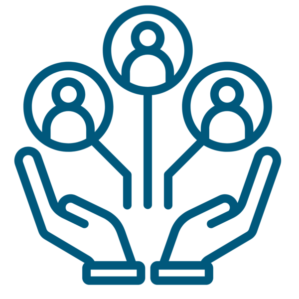 Line drawing of a lightbulb with three user icons around it, symbolizing teamwork and sharing ideas.