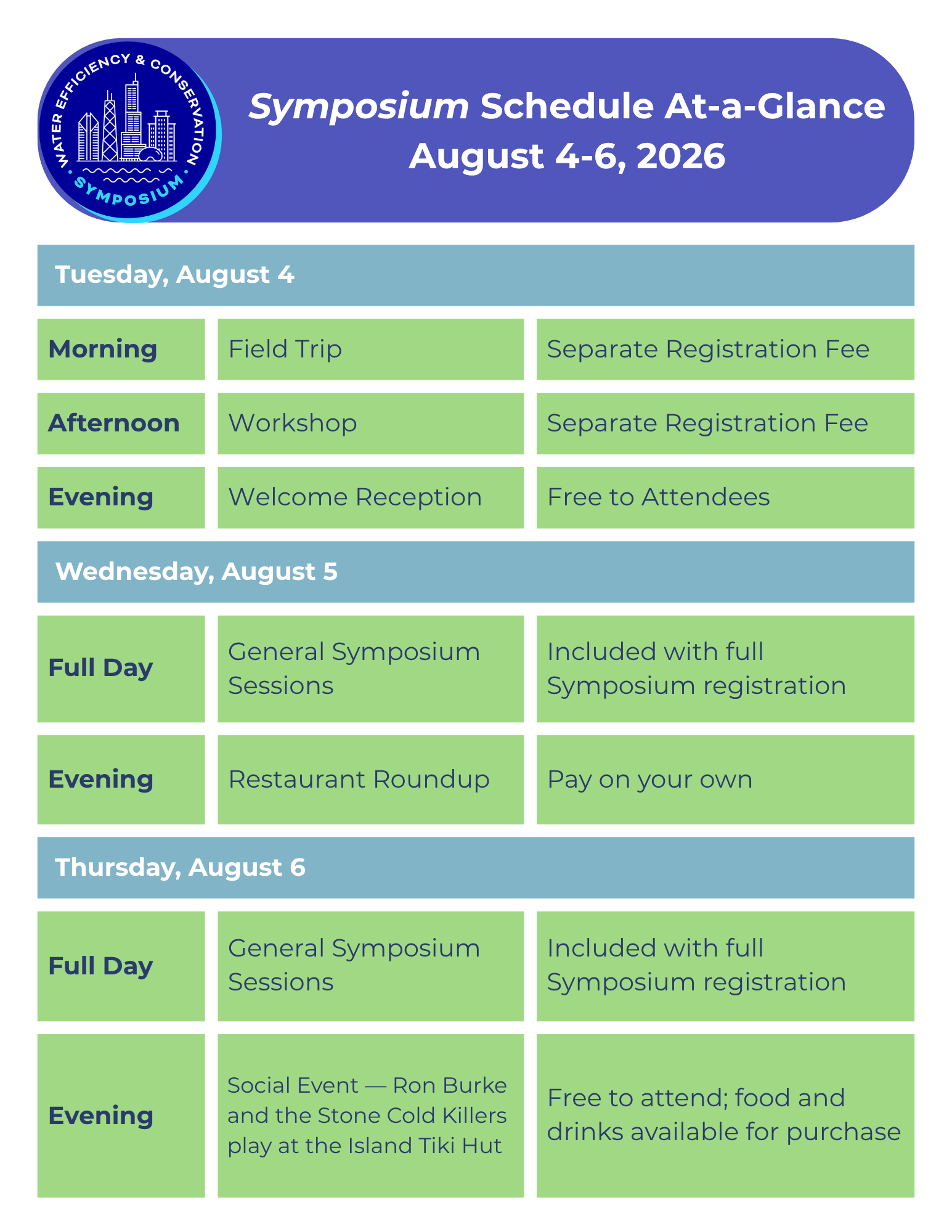 Banner title for Water Efficiency & Conservation Symposium, August 4–6, 2026, with day-by-day schedule blocks for morning, afternoon, and evening sessions.