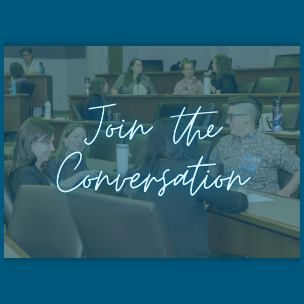 Promotional banner with people in a conference room and the script text 'Join the Conversation' across a teal-tinted overlay.