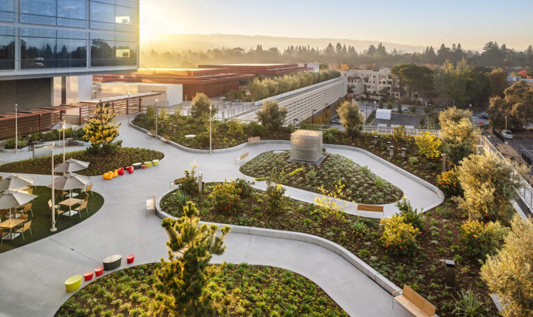 Sunrise over a modern rooftop garden with curved concrete paths, benches, and lush plant beds beside a glass-front building.