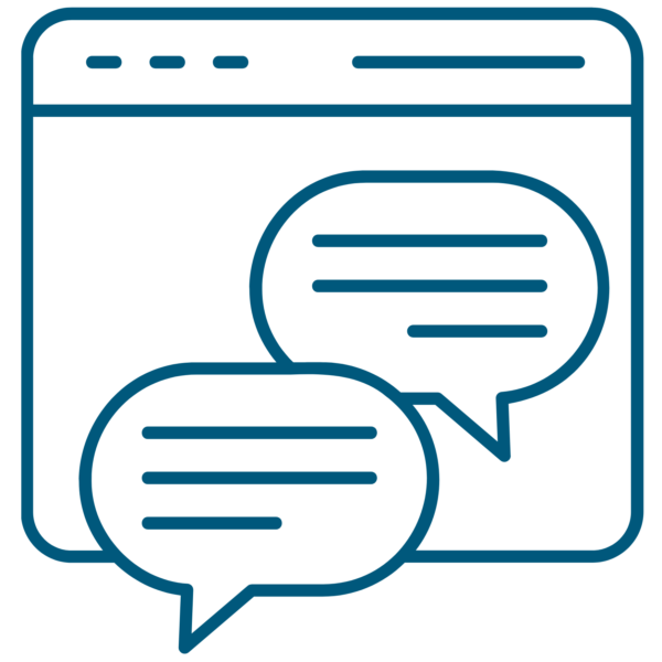 Overlapping blue speech bubbles inside a rounded-square frame, symbolizing chat or conversation.