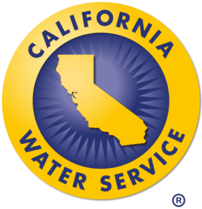 California Water Service logo: gold circular seal with blue sunburst and a yellow California outline in the center.