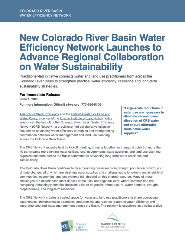 News release heading: New Colorado River Basin Water Efficiency Network launches to advance regional collaboration on water sustainability, with body text and logos at bottom.