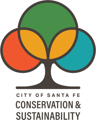 City of Santa Fe Conservation & Sustainability logo: a stylized tree formed by overlapping green, red, orange, and teal circles with the department name beneath