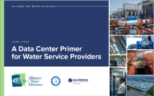 Cover slide: 'A Data Center Primer for Water Service Providers' (June 2016) on a dark blue panel with a light green left edge; right side features a vertical photo collage of water infrastructure (pipes, valves, dam, and a technician) and bottom logos for Alliance for Water Efficiency and partners.