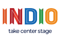 INDIO logo in multicolored letters with the tagline “take center stage.”