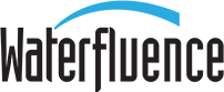 Waterfluence logo: black wordmark with a blue curved arc above it.