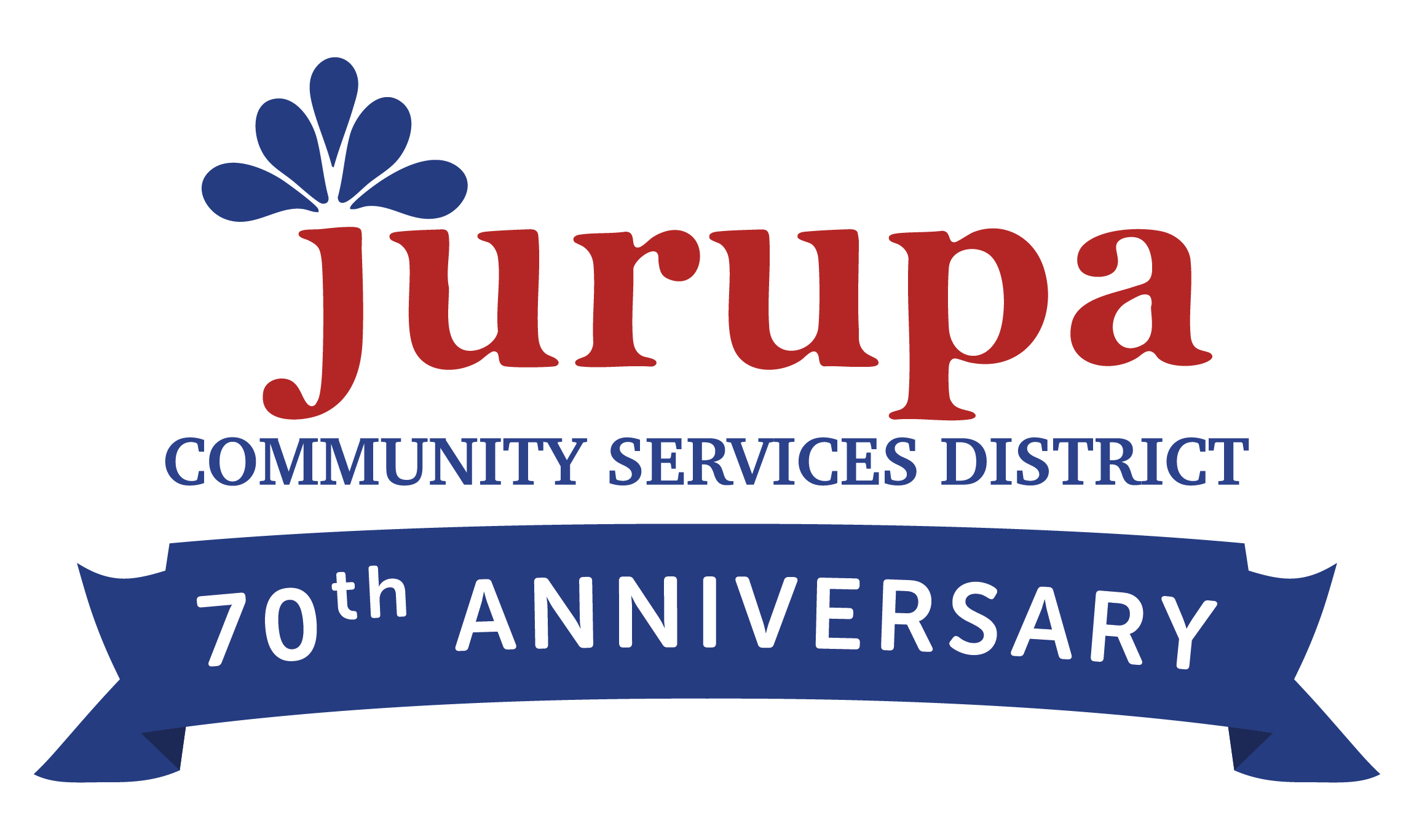 Jurupa Community Services District logo with a blue emblem, red 'jurupa' text, blue 'COMMUNITY SERVICES DISTRICT' lettering, and a blue banner reading '70th ANNIVERSARY'