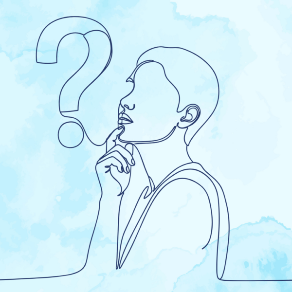Line drawing of a person in profile with a large question mark looping around their head, on a light blue watercolor background, conveying uncertainty or inquiry.