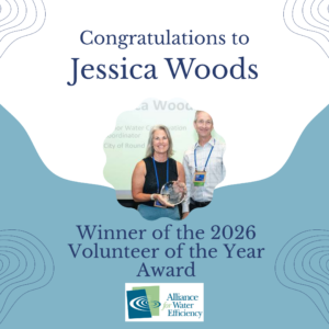 Celebration banner announcing Jessica Woods as the Winner of the 2026 Volunteer of the Year Award, with decorative borders and logos at the bottom.