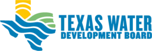 Texas Water Development Board logo: blue wave-shaped Texas silhouette with a yellow sun and green hills, and the bold blue text 'TEXAS WATER DEVELOPMENT BOARD'.