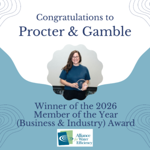 Award banner announcing the 2026 Member of the Year (Business & Industry) Award from Alliance for Water Efficiency.