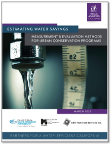 Cover of a report titled 'Estimating Water Savings: Measurement & Evaluation Methods for Urban Conservation Programs' featuring a faucet with flowing water and a measuring tape, March 2026, with partner logos at bottom.